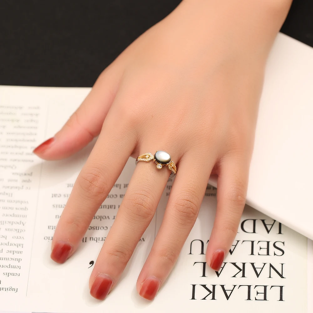 S925 Silver Women's Ring 8*6mm Black Abalone Shell Mix Color Adjustable Bands Anniversary Jewelry Gifts