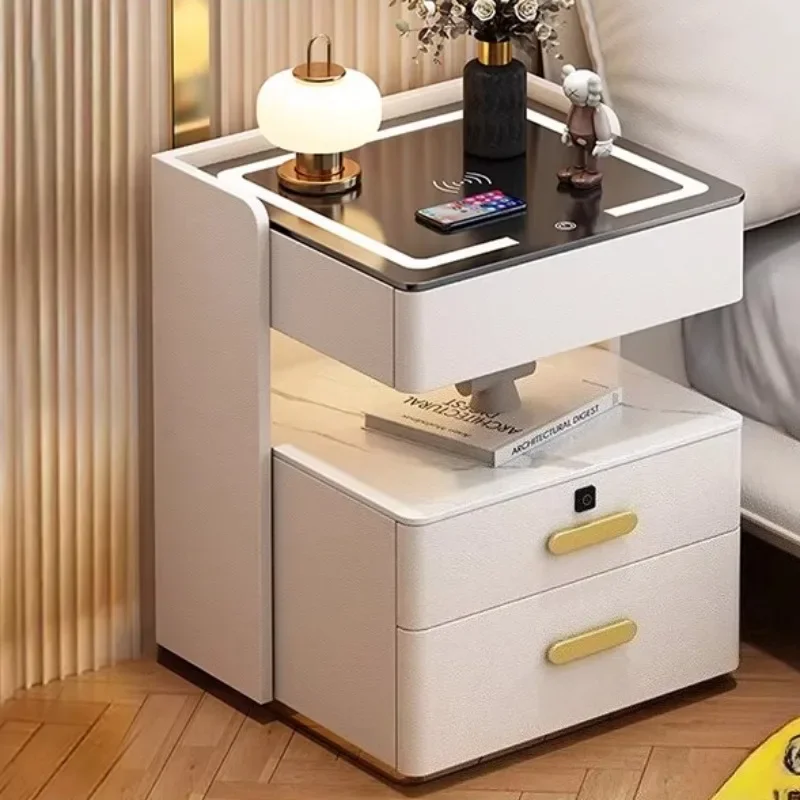 

Modern Wooden Side Bed Table Luxury Chic Chest Drawers Storage Smart Charging Bedside Table Station Interior Bedroom Furniture