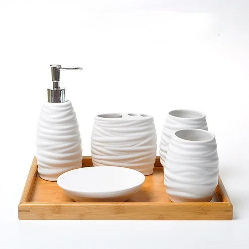 White Ceramic Bathroom 5-piece Set Bamboo Tray Accessories Couple Gargle Cups Lotion Bottle Toothbrush Holder Soap Dish