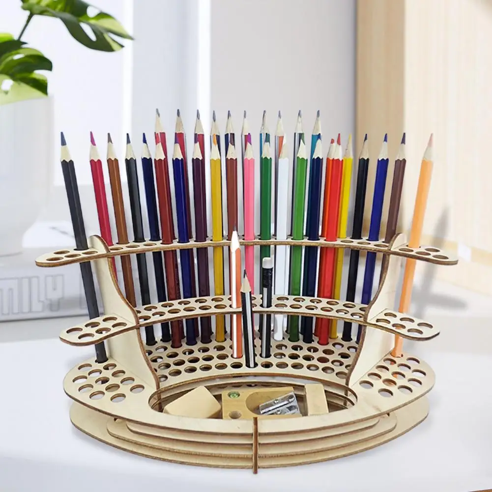 Desk Accessory Wooden Paint Brush Holder with 140 Holes Organizer Stand for Brushes Pens Pencils Capacity Rack for Artists