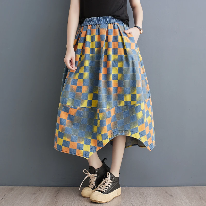 9176 Dames Zomer Nieuwe Mode Denim Rok Elastische Taille A-Lijn Gradiënt Kleurendruk Geplaid Jurk Asymmetrische Jurk Vrouw