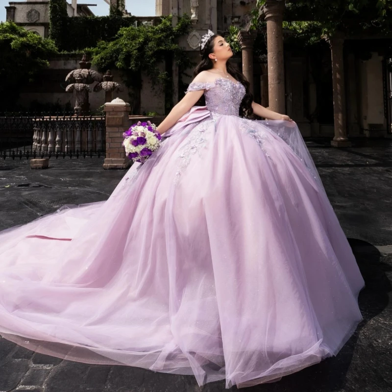 

Lavender Shiny Quinceanera Dresses Off The Shoulder Sequin Applique Lace Beading Crystal Pink Lining Party Birthday Sweet 16