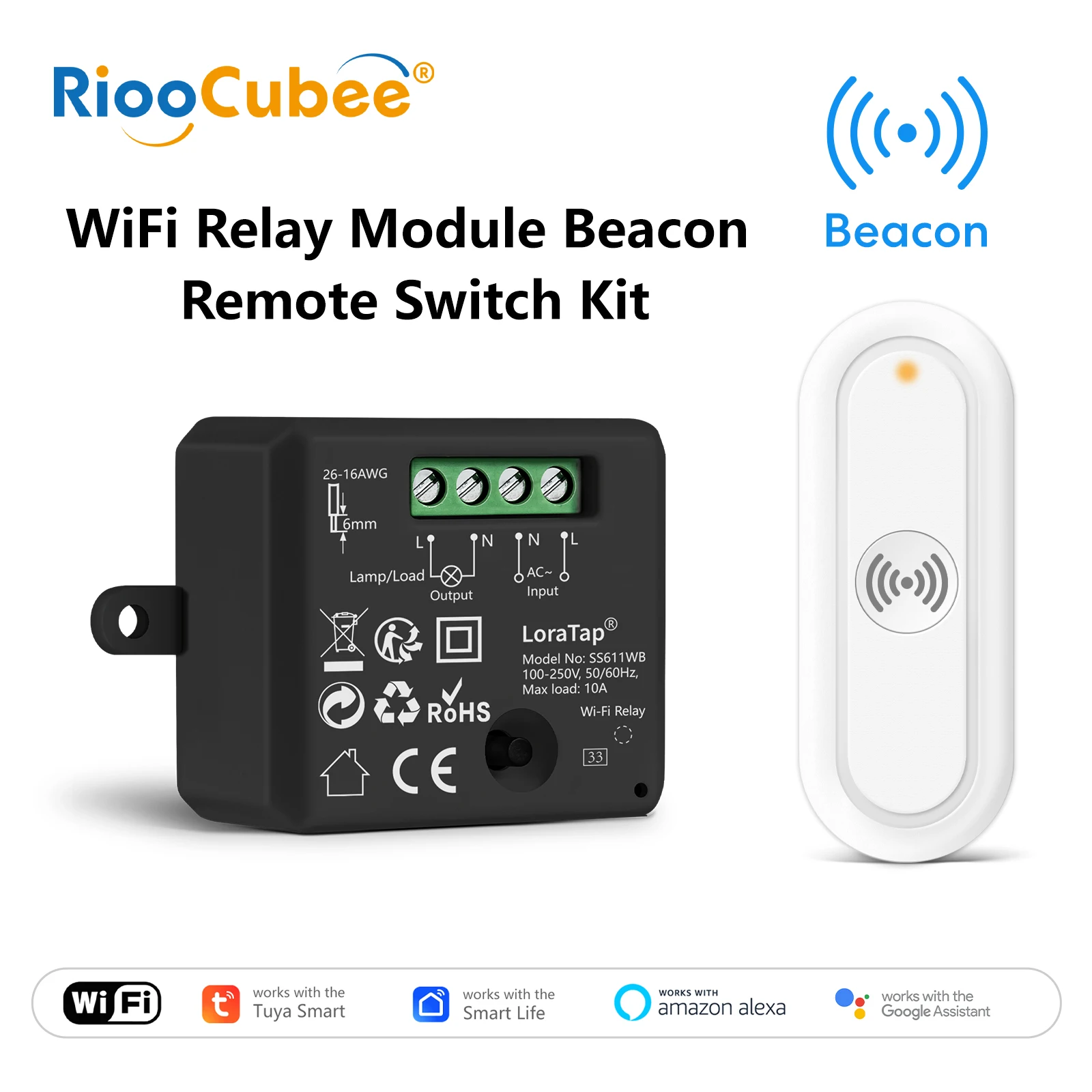 RiooCubee Tuya Smart Life Wireless Socket Relay Module with 1 Button Remote Control Timer Work with Google Home and Alexa
