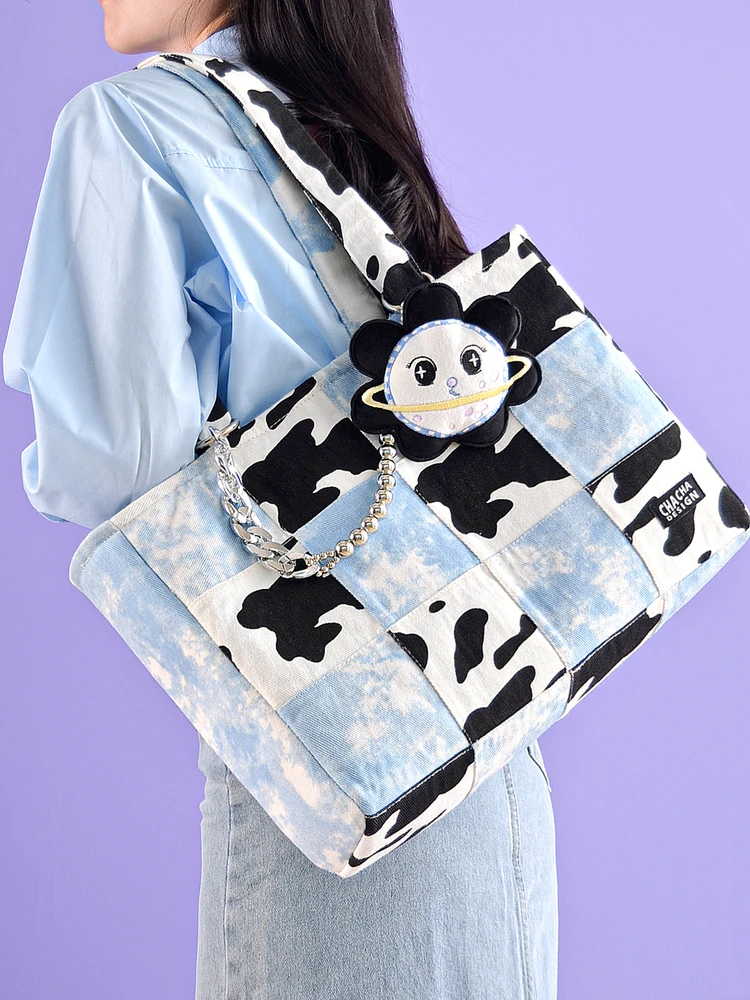 Large Capacity Canvas Tote Bag Tea Tea Original Milk Cow Pattern for Female University Students Class Commuting Computer Bag