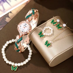 6PCS Women's Light Luxury Trendy Versatile Diamond Inlaid Dial Heart shaped Steel Belt Watch Bracelet Watch