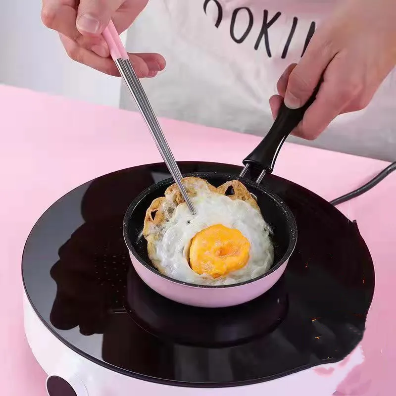 Mini sartén antiadherente de hierro fundido con mango rosa, sartén para tortilla portátil para cocinas de inducción y Gas, Ideal para el desayuno, 1 ud.