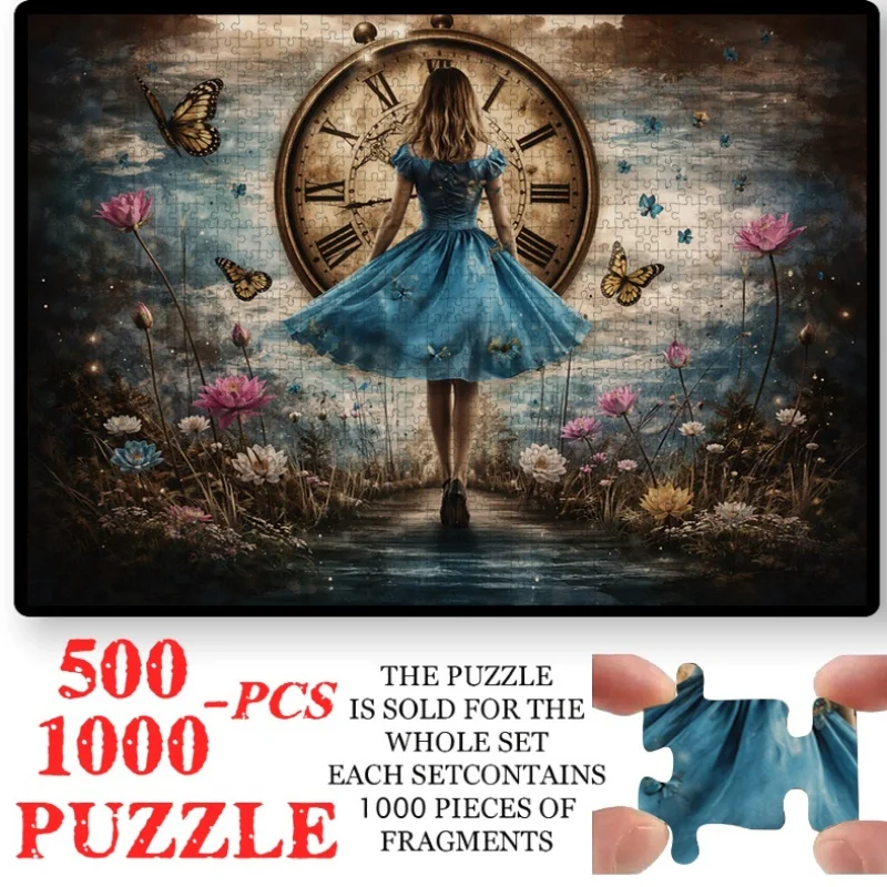 

500/1000pcs Large Cardboard Puzzle | Girl Back with Vintage Clock and Butterfly Floral Design, Ideal for Living Room Decor, Ro