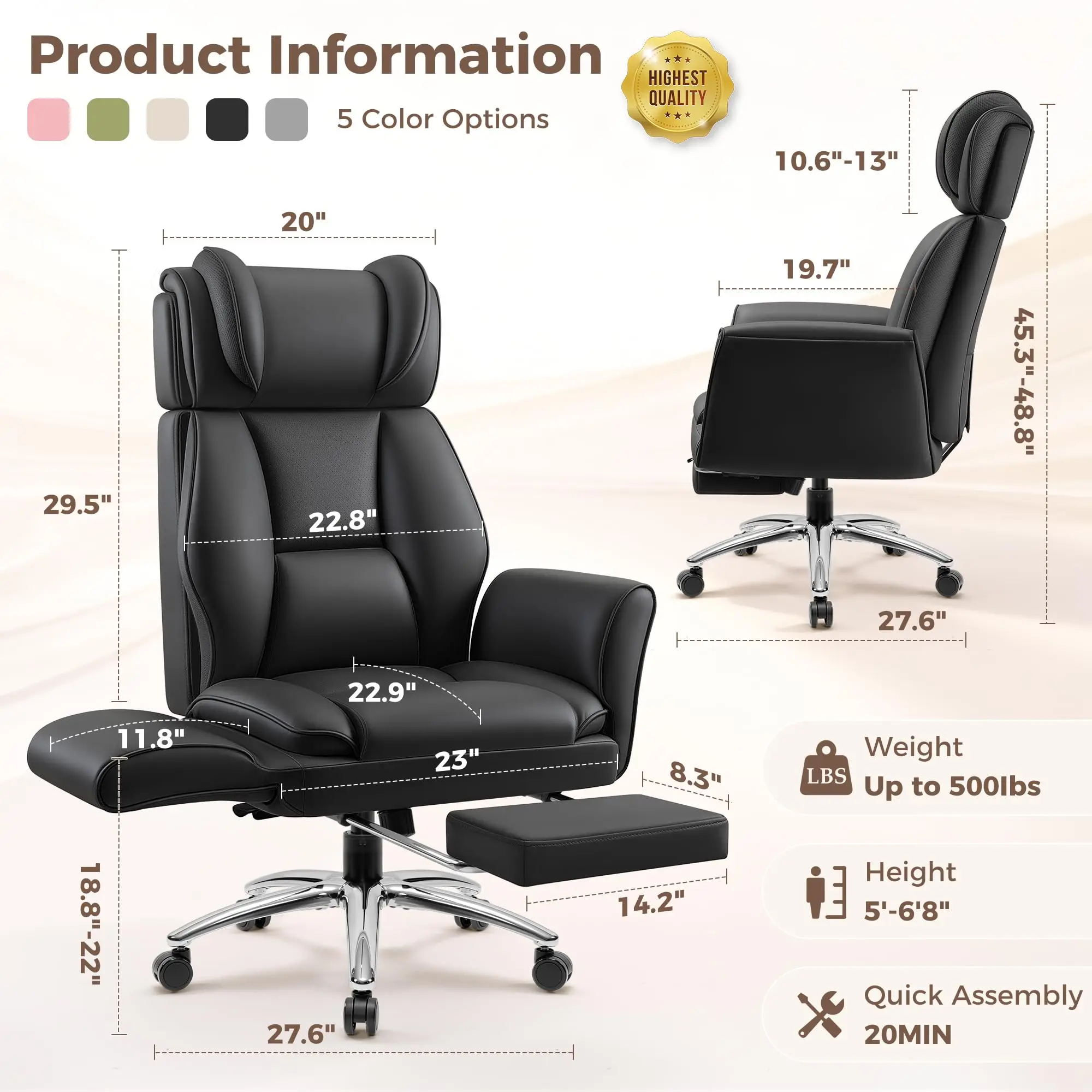 Big and Tall Office Chair, Flip Armrests for Pets & Cross Legged Sitting, Ergonomic Leather Executive Desk Chair with