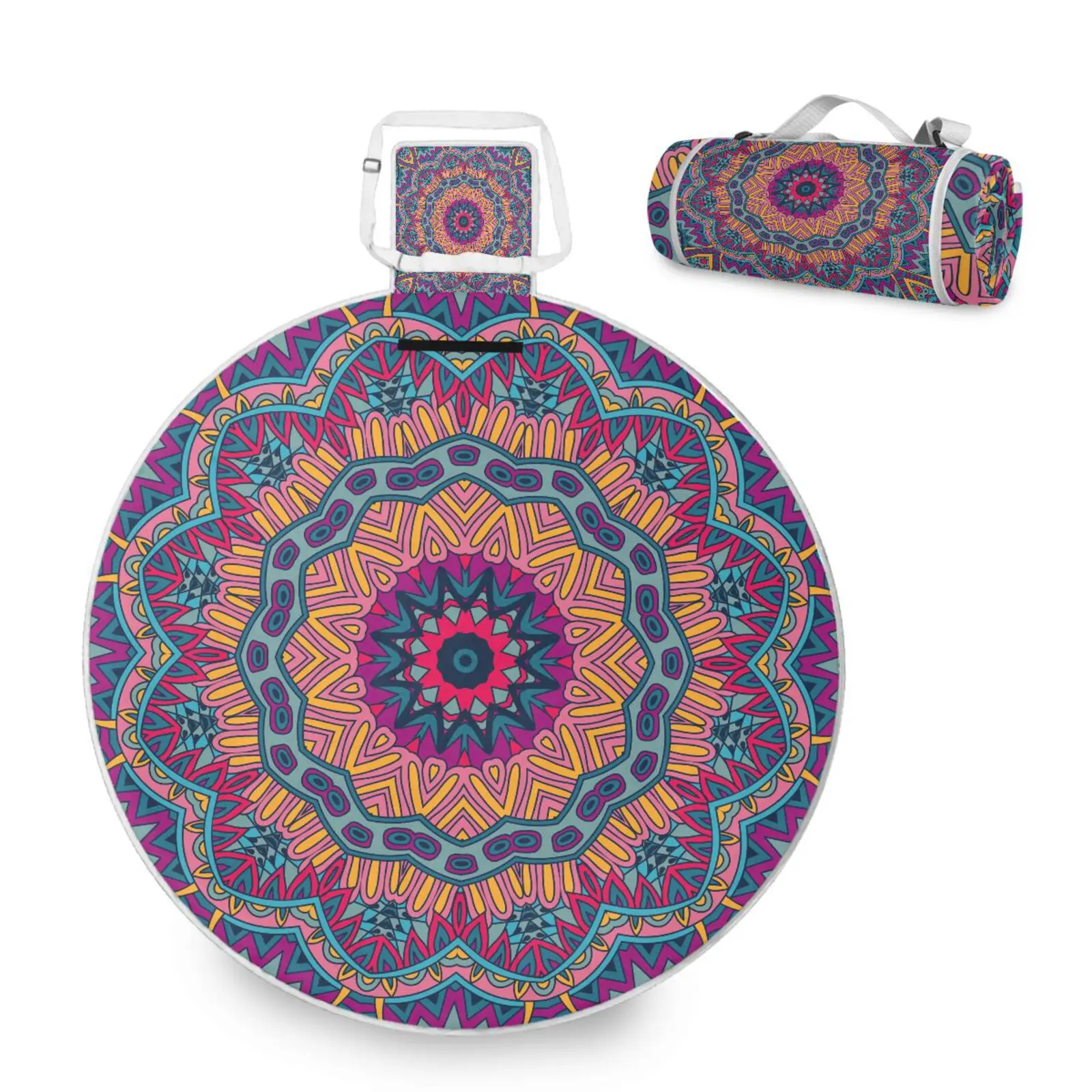 

Colorful Mandala Lotus Round Waterproof Picnic Blanket Portable Folding Outdoor Beach Mat For Travel Hiking Camping Park Pad