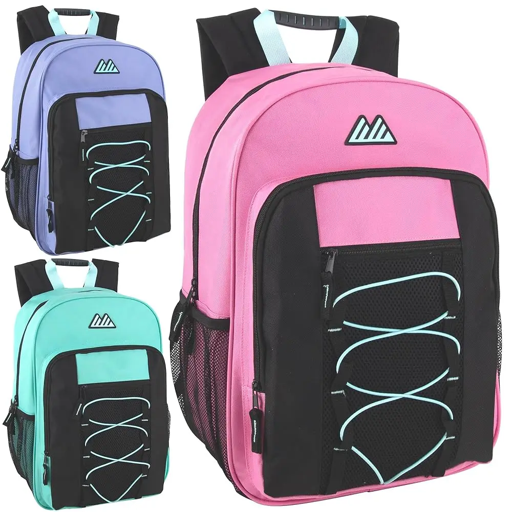 

(24 Pack) 18 H Heavy Duty Bulk Dual Compartment Bungee Backpacks For College, Homeless, Men, Women (Light Colors Pack)
