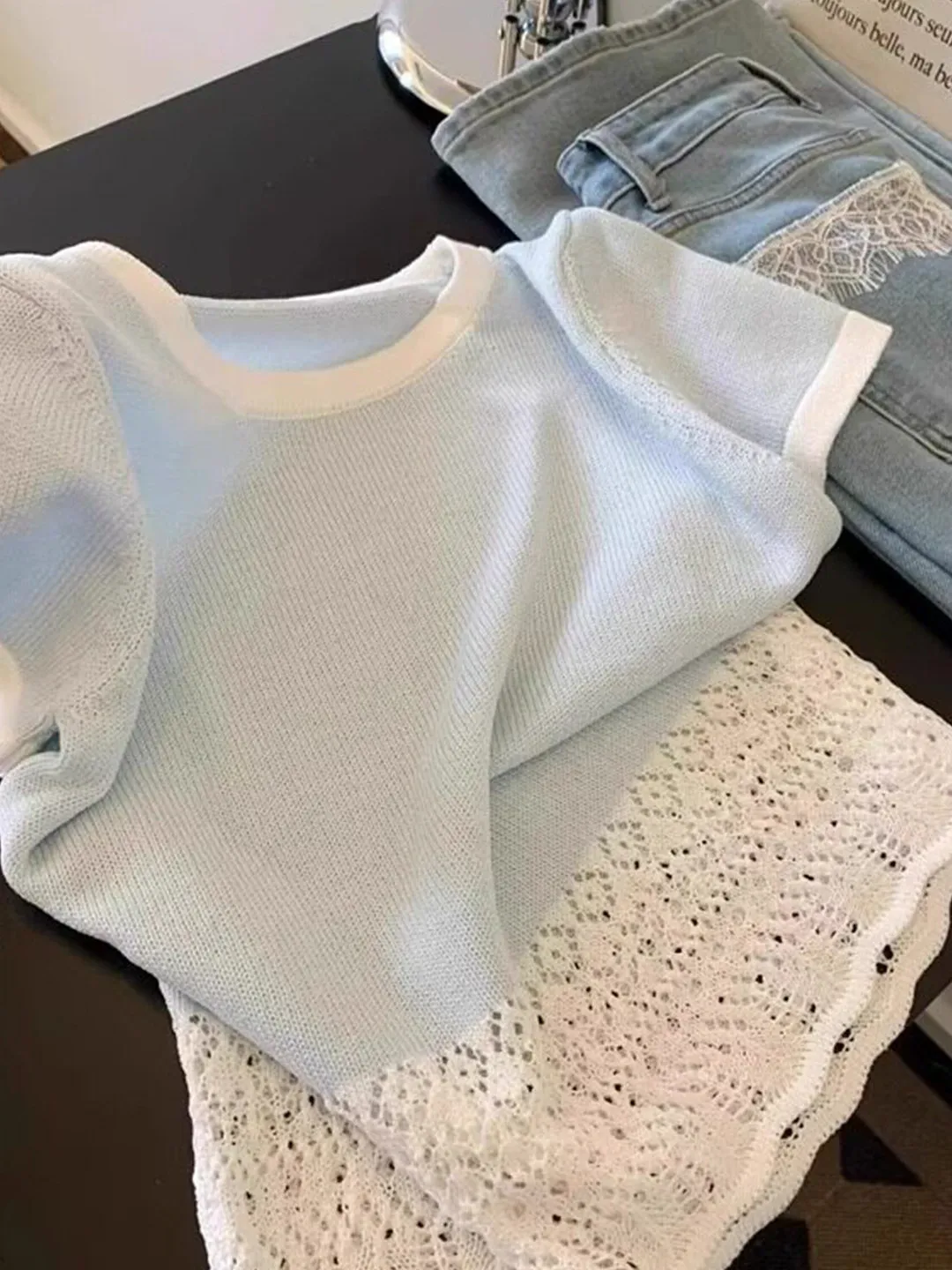 Korean Style  Versatile Lace Trim Splicing Hollow Short Sleeve T-Shirt Women Summer Large Size round Neck Base Shirt