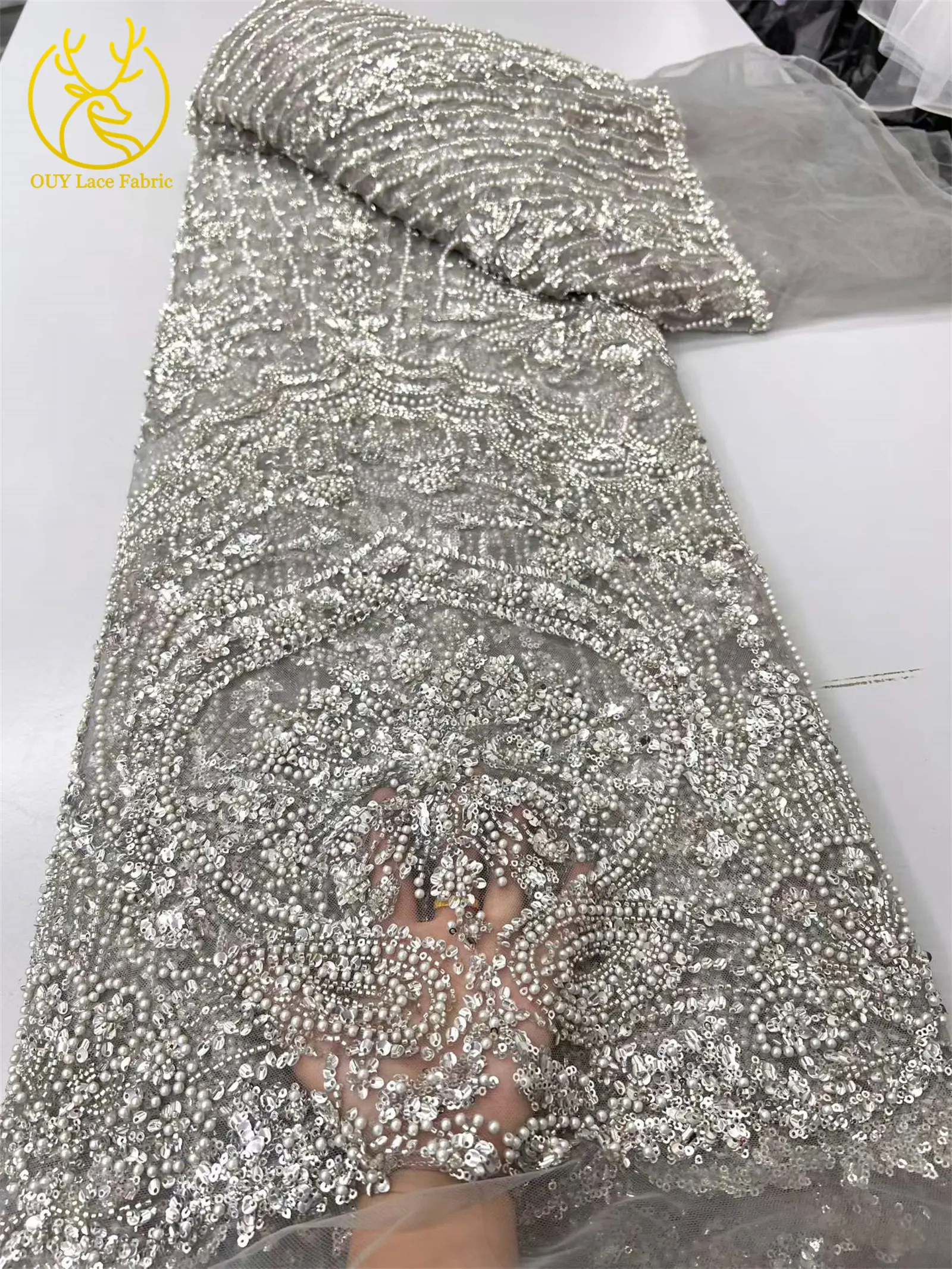 Blaues Neues Afrikanisches Bräutigam-Spitzenstoff-Design mit Perlen und Stickerei, 5 Meter Hochwertiger Nigerianischer Pailletten-Spitzenstoff für Hochzeitskleider – Detail 11