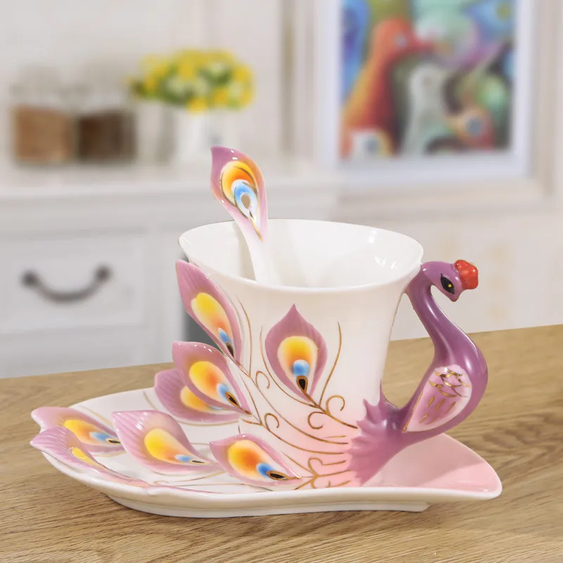 European Style Ceramic Coffee Cup Bone China 3D Enamel Color Porcelain Tea Cup with Saucer and Spoon Set Drinkware