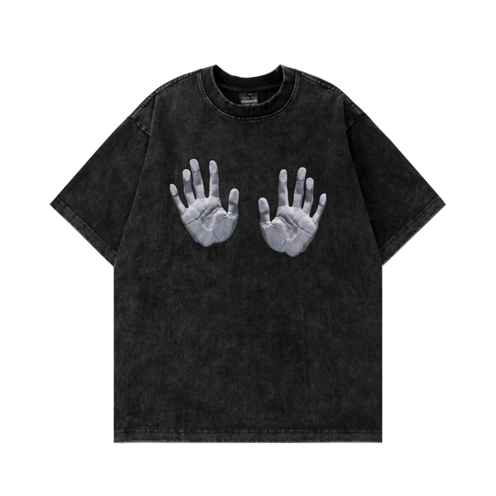 Gothic Vintage 250g Double Yarn Washed Cotton Short Sleeve T-shirts Hip Hop Hand Print T Shirts Streetwear Casual Tops Tees