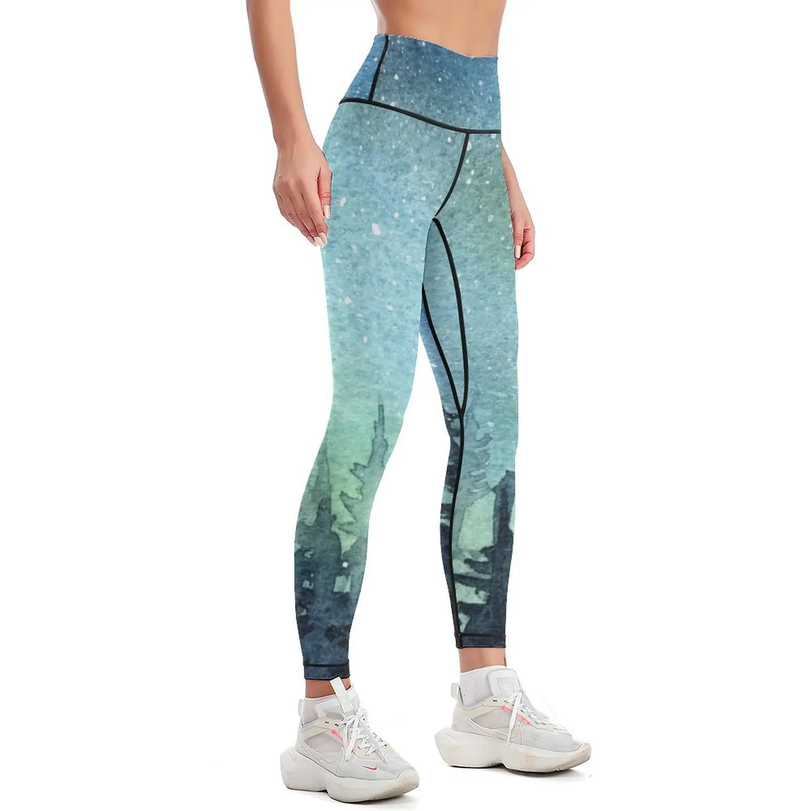 Watercolor Galaxy Nebula Aurora Northern Lights Painting Leggings Legging sport gym top Womens Leggings