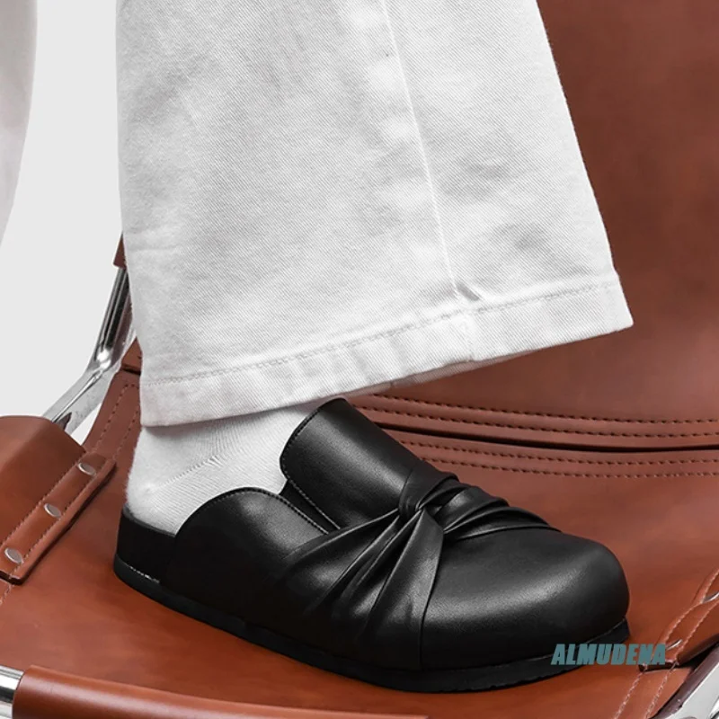 Black Genuine Leather Men's Knot Detail Slippers Round Toe Closed Back Minimalist Street Style Indoor Casual Shoes