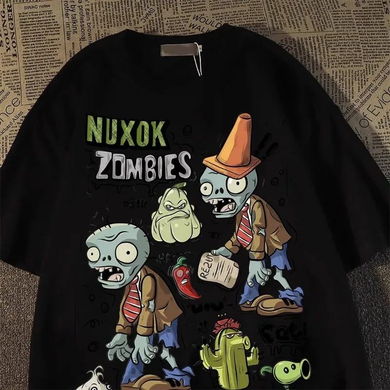 Y2K نباتات شارع العليا ضد الزومبي نمط الرسوم المتحركة المطبوعة زوجين جولة الرقبة قصيرة الأكمام الرجعية القوطية الشرير فضفاض تي شيرت
