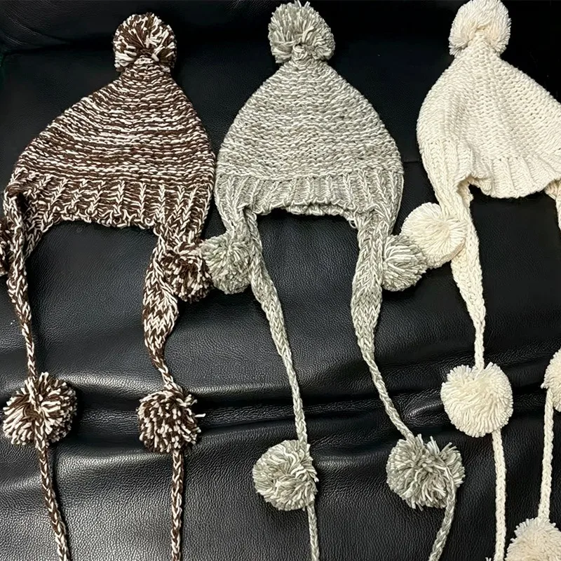 Niche Handmade Crochet Mixed Color Pompom Design Protection Ear Hat Autumn and Winter Warm Ethnic Style Knitted Hat for Women