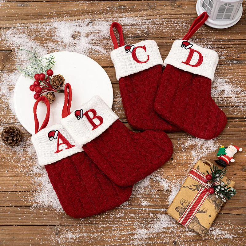 2 sets of red new Christmas Socks Letter Knitted Embroidered wool socks Exquisite packaging bags New Year home decoration gifts