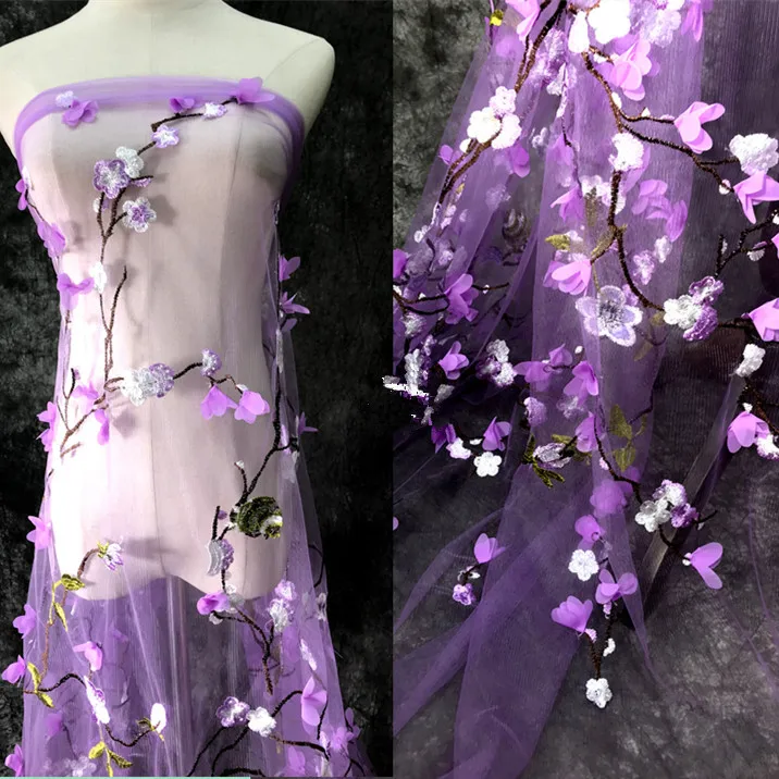 Red 3D chiffon flower plum blossom bird embroidery mesh fabric gift clothing fabric