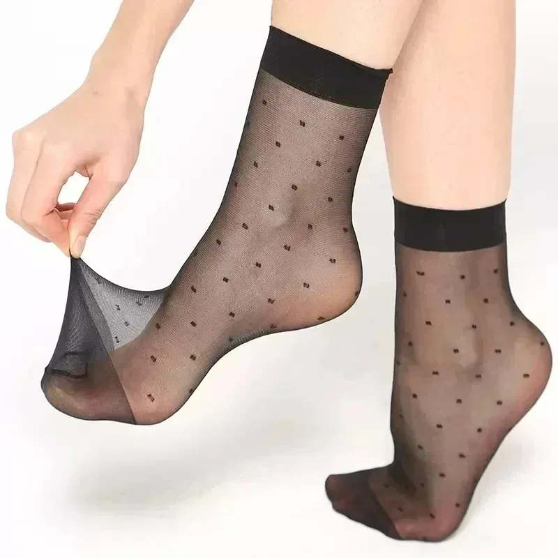 2/10pcs Breathable Non Slip Ankle Sox Ultrathin Nylon Women Black Skin Dot Summer Mid Tube Socks Female Short Hosiery Stretch