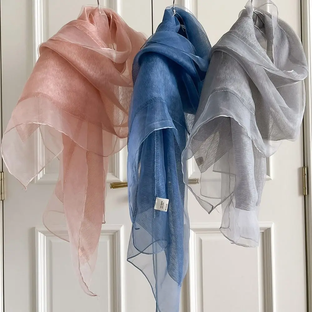 Eleganter, einfarbiger Seidenschal, langer, dünner, warmer Schal, doppellagiger Organza-Wickelschal für Damen – Detail 11