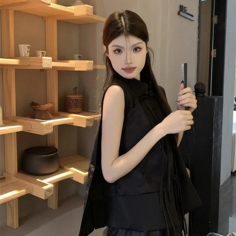 Spring New Chinese Style Retro Tassel Vests Splicing Plate Buckle Chinese Western Style Black Vest Women Sleeveless Waistcoat