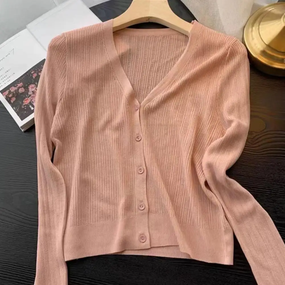 

Knitted Women Cardigans Korean Fashion Button Up V-neck Short Cardigan Coat Woman Solid Color Knitwear Tops For Outdoor Travel
