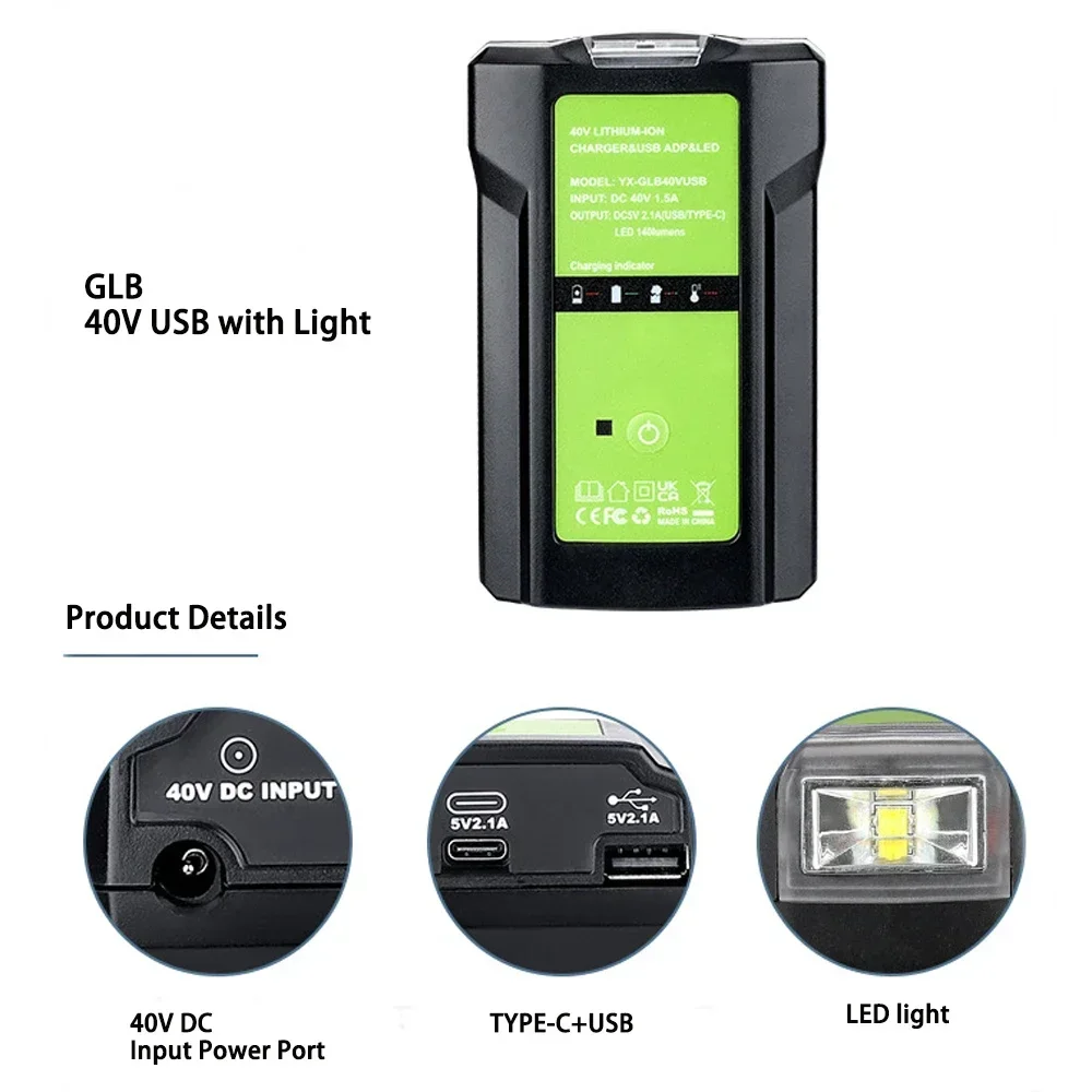 Compatible for GreenWorks GLB 40V Batteries LED Flashlight Charger Adapter Featuring USB and Type-C Ports for Emergency Lighting