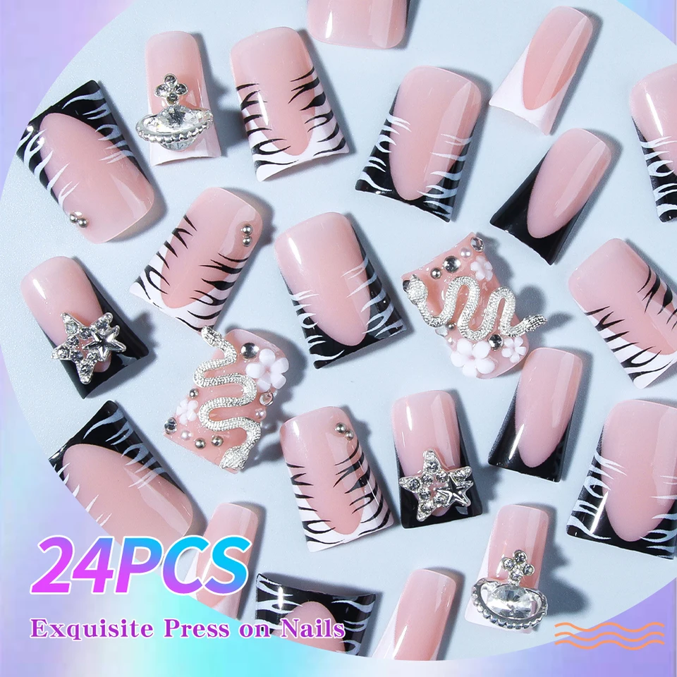 24 Piezas Uñas Postizas Largas Pato con Francesa Negra, Decoradas con Cruz de Aleación 3D y Serpiente con Pedrería, Ajuste Perfecto 4
