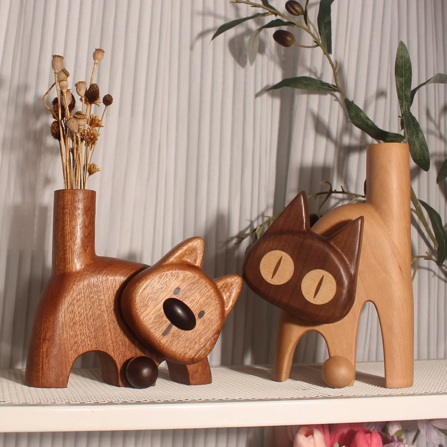 

Creative Woodcarving Cat Ornament Solid Wood Flower Arrangement Flower Vase Living Room Bedroom Decoration Crafts Birthday Gift