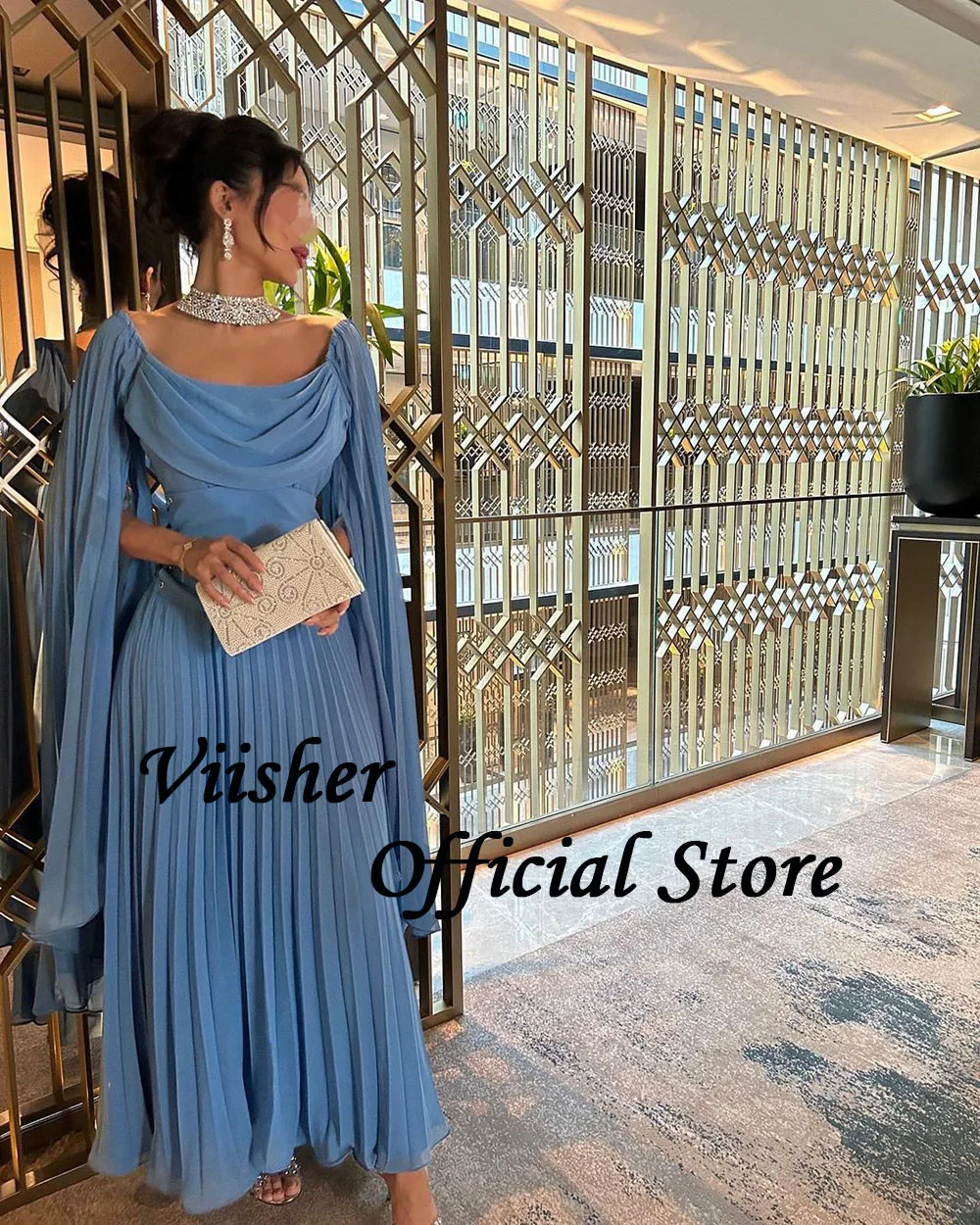 Visher blaue Falten Chiffon Abendkleider mit Cape Dubai Arabisch Ballkleid knöchel lange formelle Abendkleider