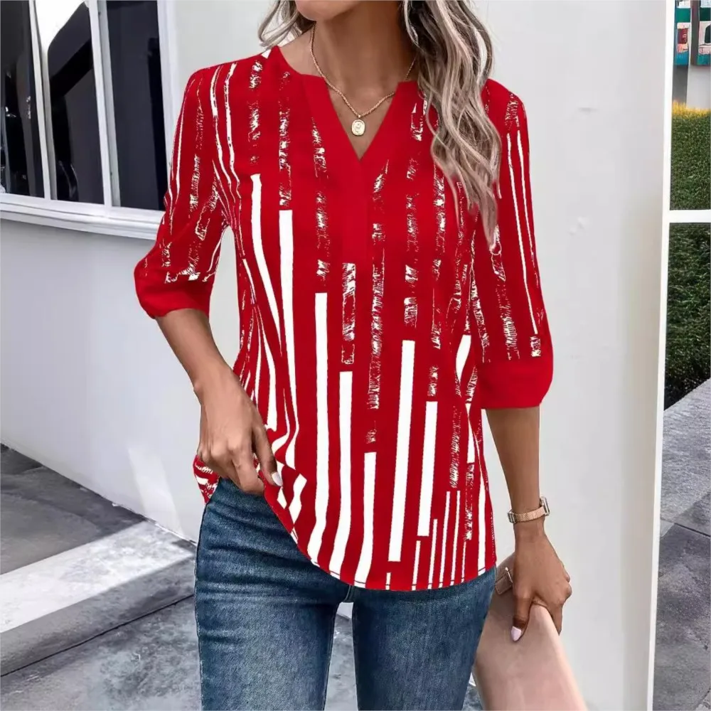 Fashion Splicing Pullover Shirt 2024 Women's Summer New Double Splicing Contrasting Color Five Quarter Sleeve Blouses Top Blusas