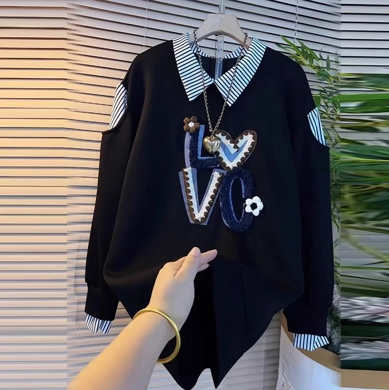 2023 Lente Herfst Nieuwe Plus Size Nep Twee Stukken Gestreepte Letter Losse Sweatshirt Mode Koreaanse Medium Lange Mouw Sweatshirts