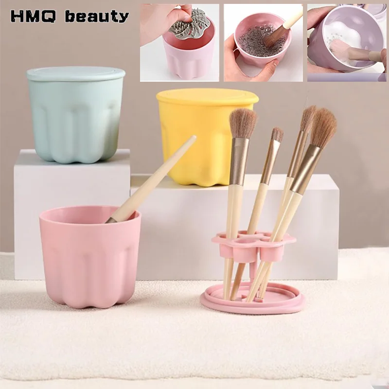

Makeup Brush Cleaner Bucket 2-In-1 Silicone Washing Drying Rack with Brushes Scrubber Cosmetic Brush Cleaning Tool Organizer Box