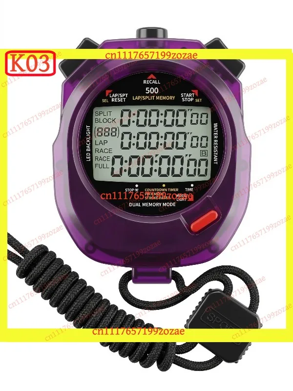 K03 Professional Digital Stopwatch 500-Channel Memory 3-Row Display Timer for Track Field Running Training Smart Sports Coach