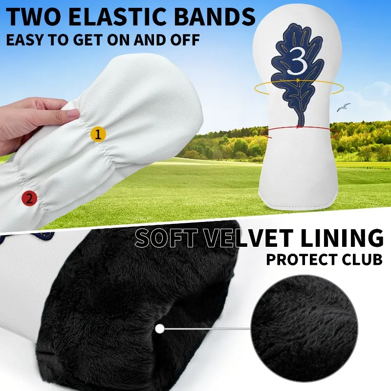 Golf Club Head Covers - Ultra-Durable Synthetic, White with Blue Leaf Patterns & Numbered 1-5 Markings image 6