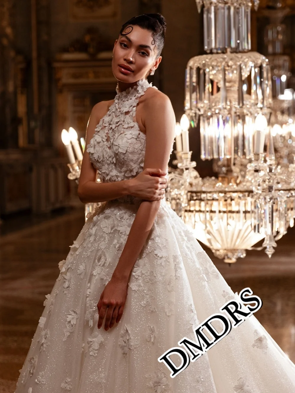 

DMDRS Classic Halter-Neck Wedding Dress Romantic A-Line Bridal Gowns Charming Appliquéd Floor-Length Wedding Gowns Vestidos De N