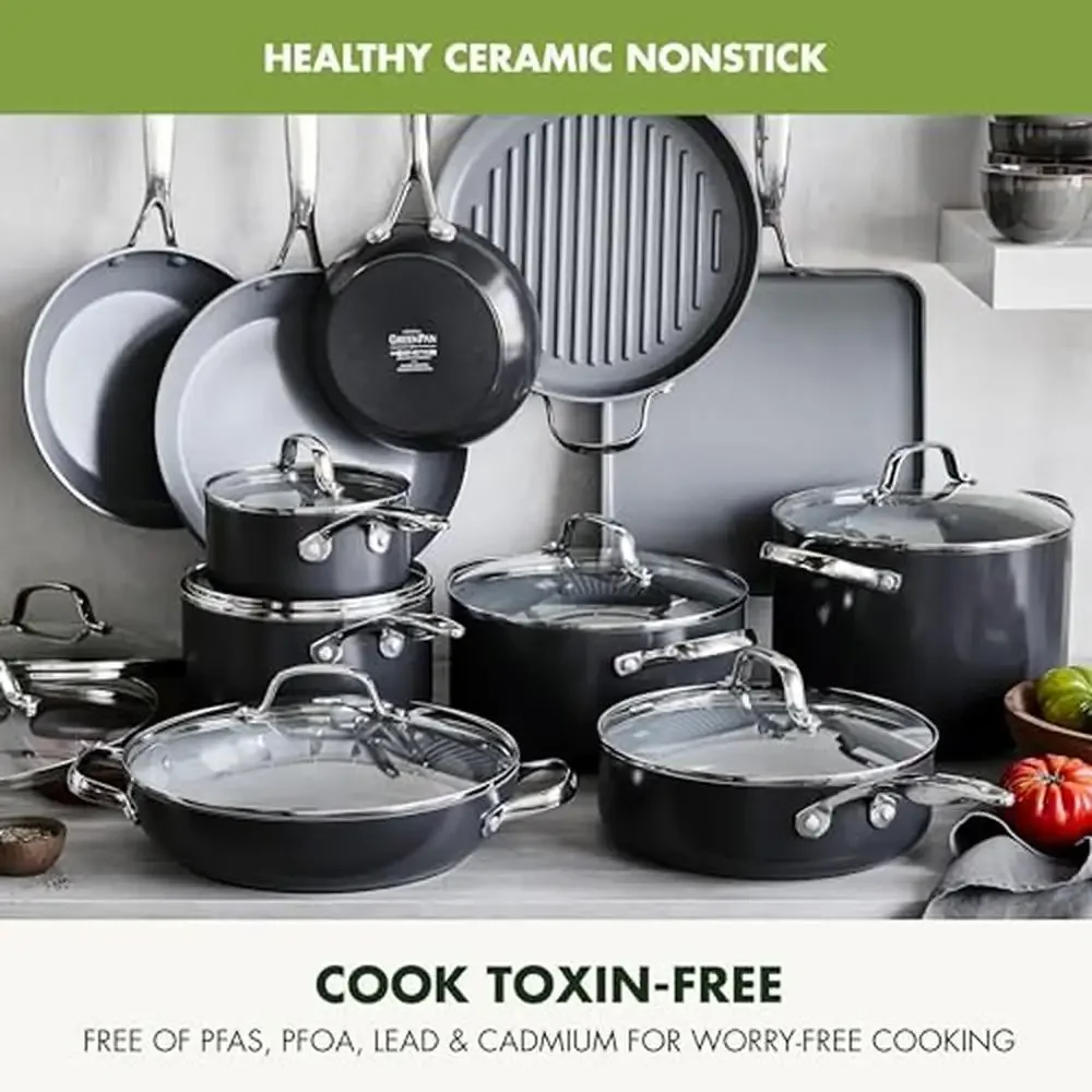 Ceramic Nonstick Cookware Set 22 Piece Valencia Pro Hard Anodized Healthy Pots Pans Fry Grill Saute Sauce Griddle Chef Induction