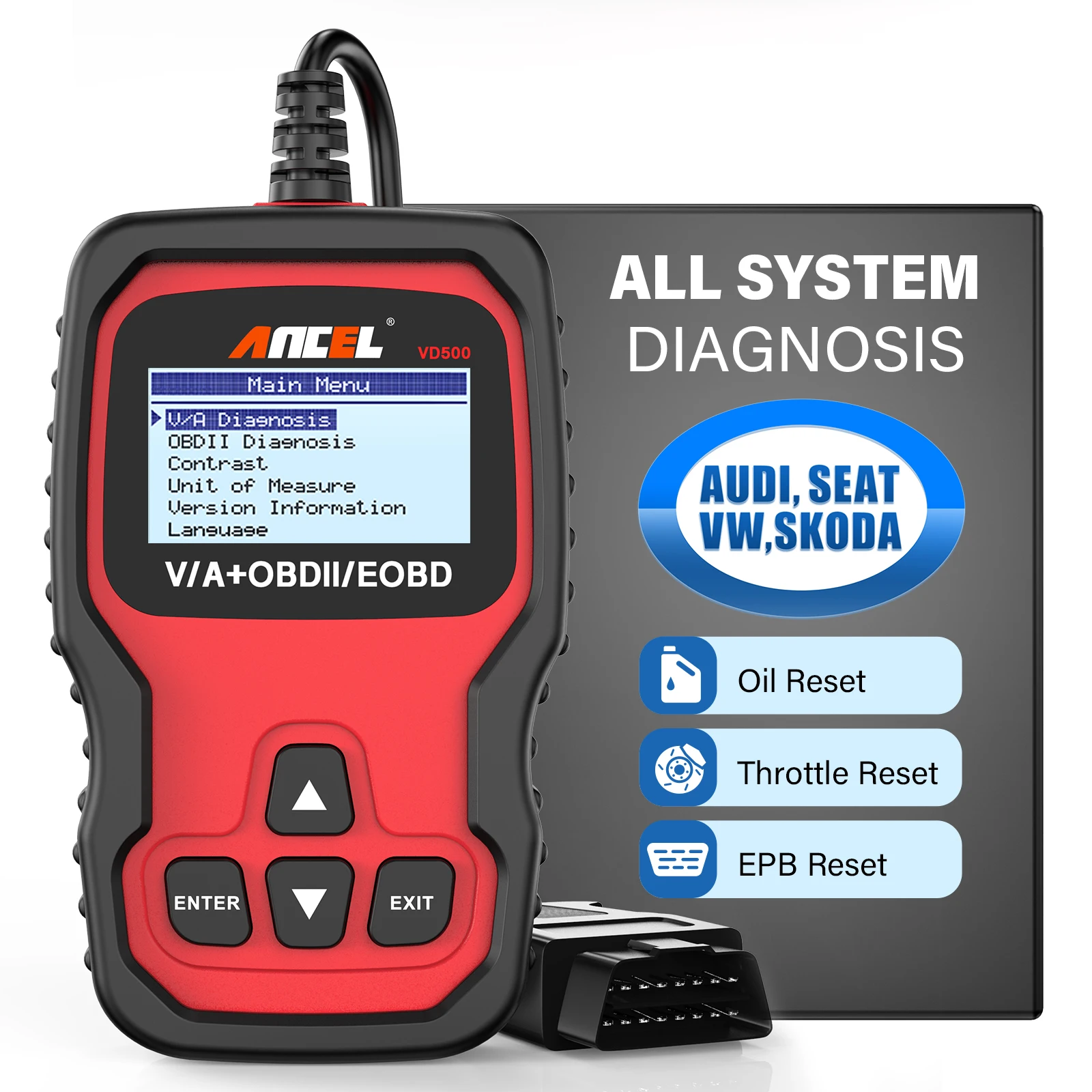 O leitor do código do Ancel-vd500 para todo o sistema, ferramenta individual da varredura, restauração do óleo, ferramentas diagnósticas do obd 2, livra a atualização