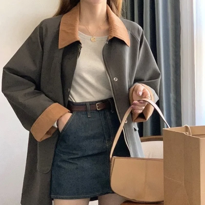 Turn Down Collar Korean Women Short Trench Coats Zipper Cardigan Solid Full Sleeve Splice 2023 Autumn Winter Casual Loose