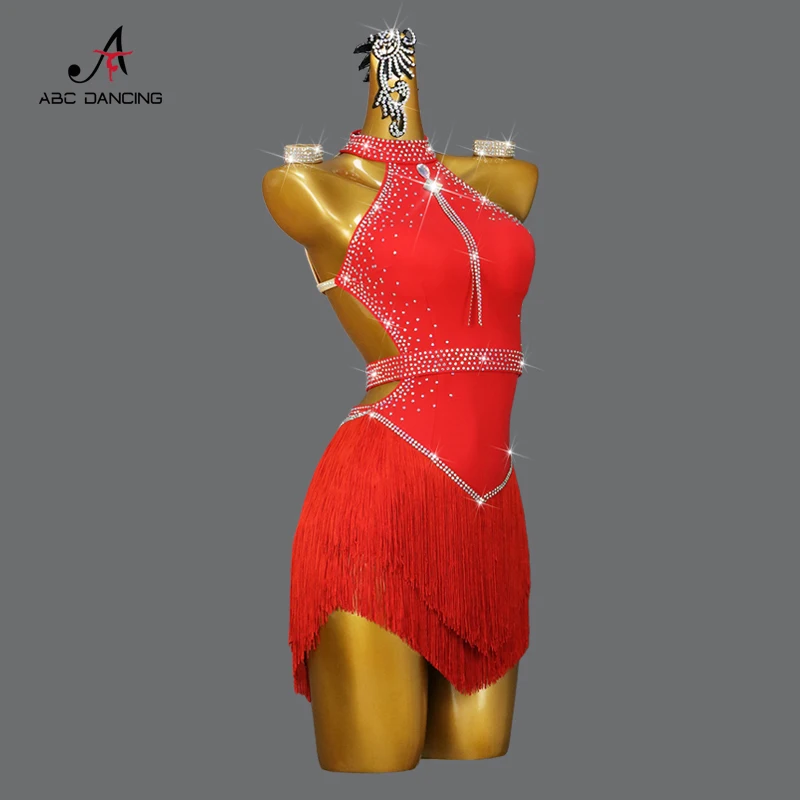 Vestido feminino vermelho de dança latina com pendão, saia sexy para competição adulta, roupa feminina, fato de festa esporte Cha-Cha, novo, 2024