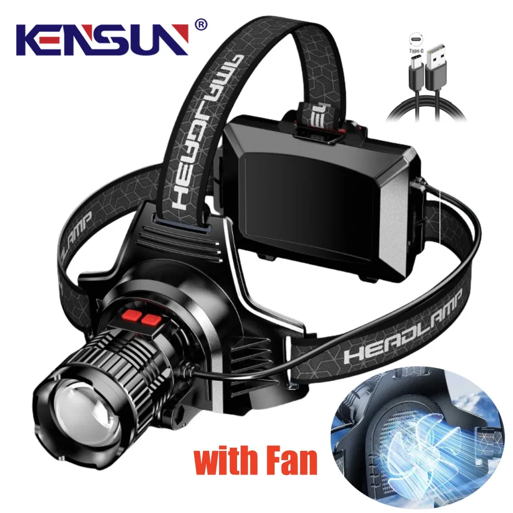 High Power Strong Light Headlight Long Range LED Headlamp With Fan Zoomable For Camping Fishing USB Charging Head Light