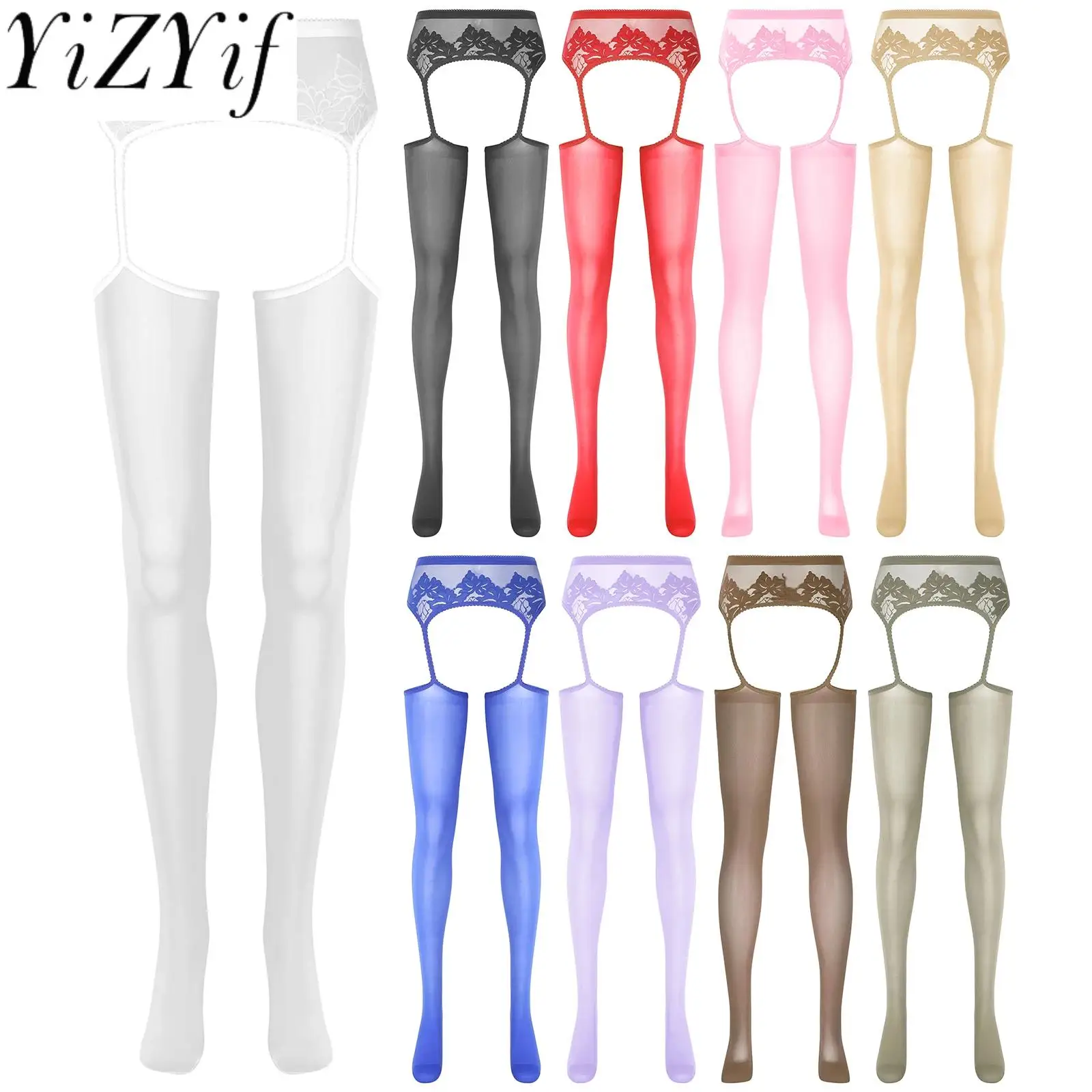 

Women's Shimmery Oil Shiny Footed Thigh High Sheer Hold Up Pantyhose Stockings Tights One-Piece Garter Stockings Honeymoon Gift