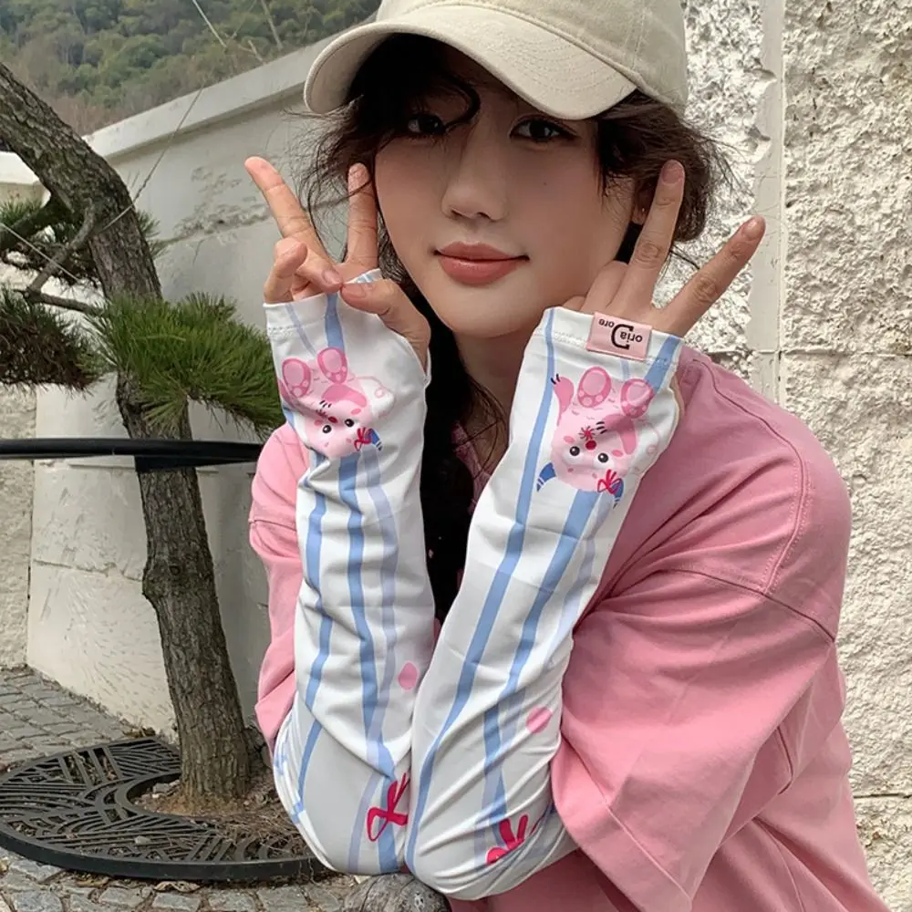 ระบายอากาศได้ดี ป้องกันรังสียูวี แขนผ้าไหมน้ำแข็ง การ์ตูน น่ารัก หลวม แขนกันแดด ป้องกันแสงแดด ปลอกแขน ถุงมือขี่จักรยาน ขับรถ