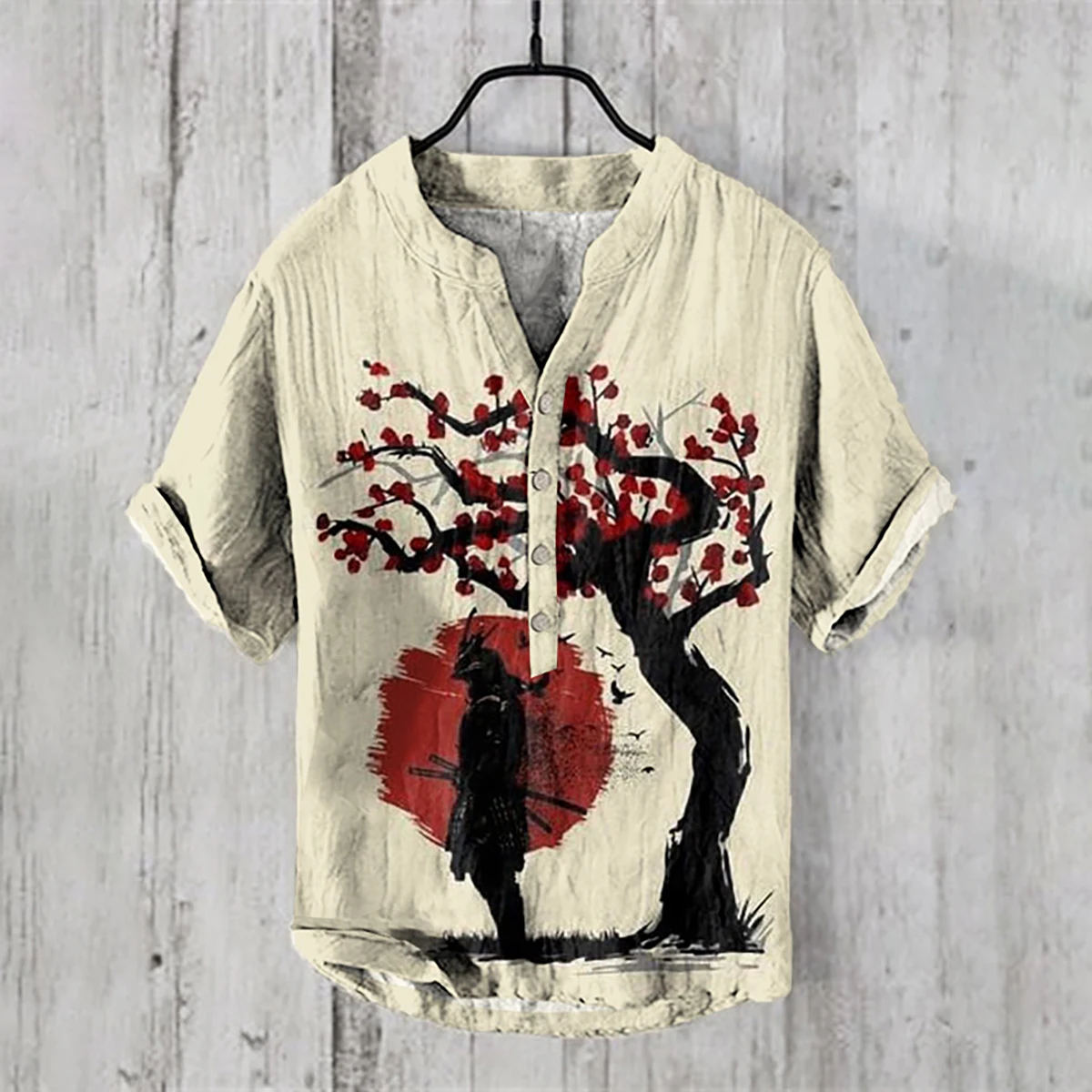 Linen three-breasted V-neck short-sleeved shirt Ink painting series Men's casual comfortable loose trendy HD printed shirt