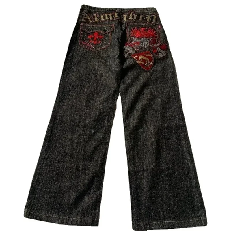 American retro high street Y2K pantalones vaqueros bordados con letras de patchwork personalizados para hombres pantalones vaqueros de pierna ancha