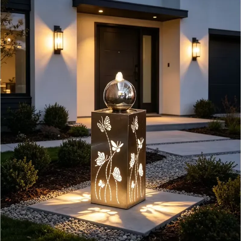 Artistic Stainless Steel Water Fountain with Butterfly Pattern & LED Lights for Garden Ornaments Parties & Outdoor Spaces