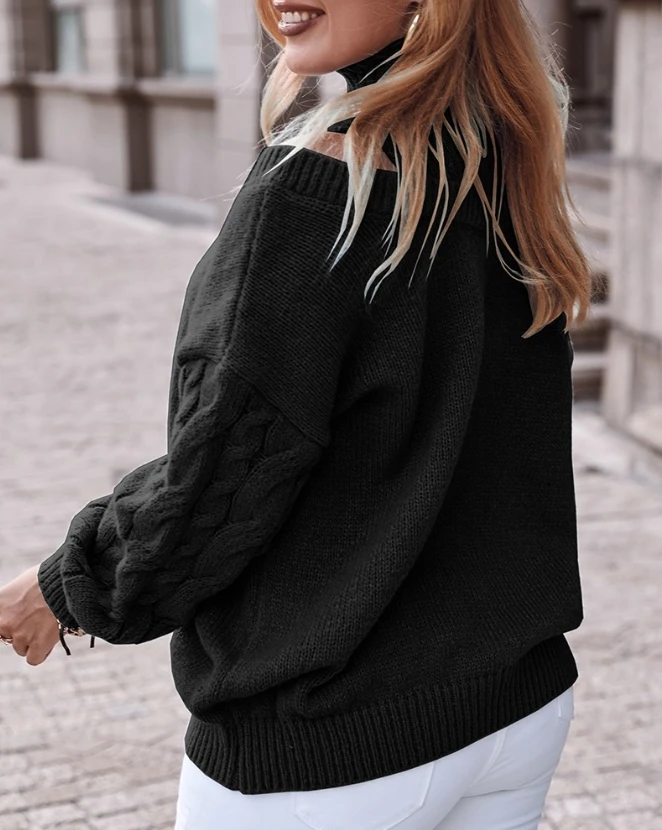 Women's Sweater 2023 Autumn Fashion Cable Knit Lantern Sleeve Cold Shoulder Casual Plain Long Sleeve Cutout Pullovers Sweater