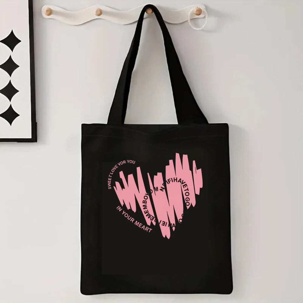 Sweet Love Heart Canvas Tote Bag Aesthetic Brush Stroke Pattern Graphic Slogan Reusable Eco Beach Travel Shoulder Handbag Bag